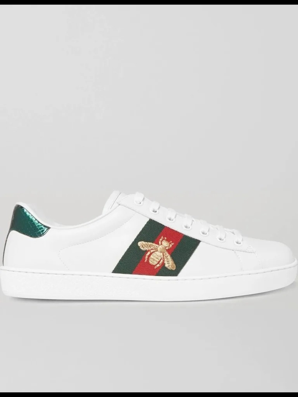 Gucci Men’s White Leather Ace Sneaker with Green-Red Web and Bee - Picture 6 of 16